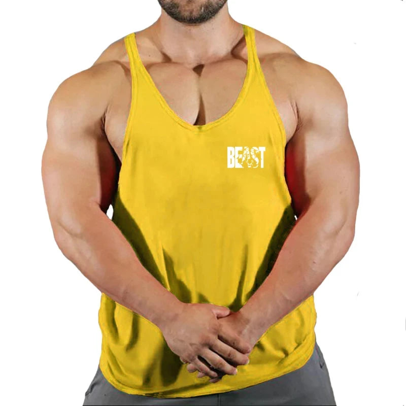 Men’s gym stringer singlet vest in yellow with small “BEAST” chest logo