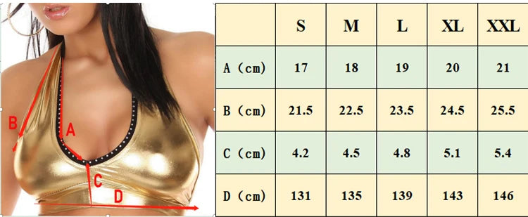 Size chart table showing bands size S to XXL with A/B/C/D measurement columns