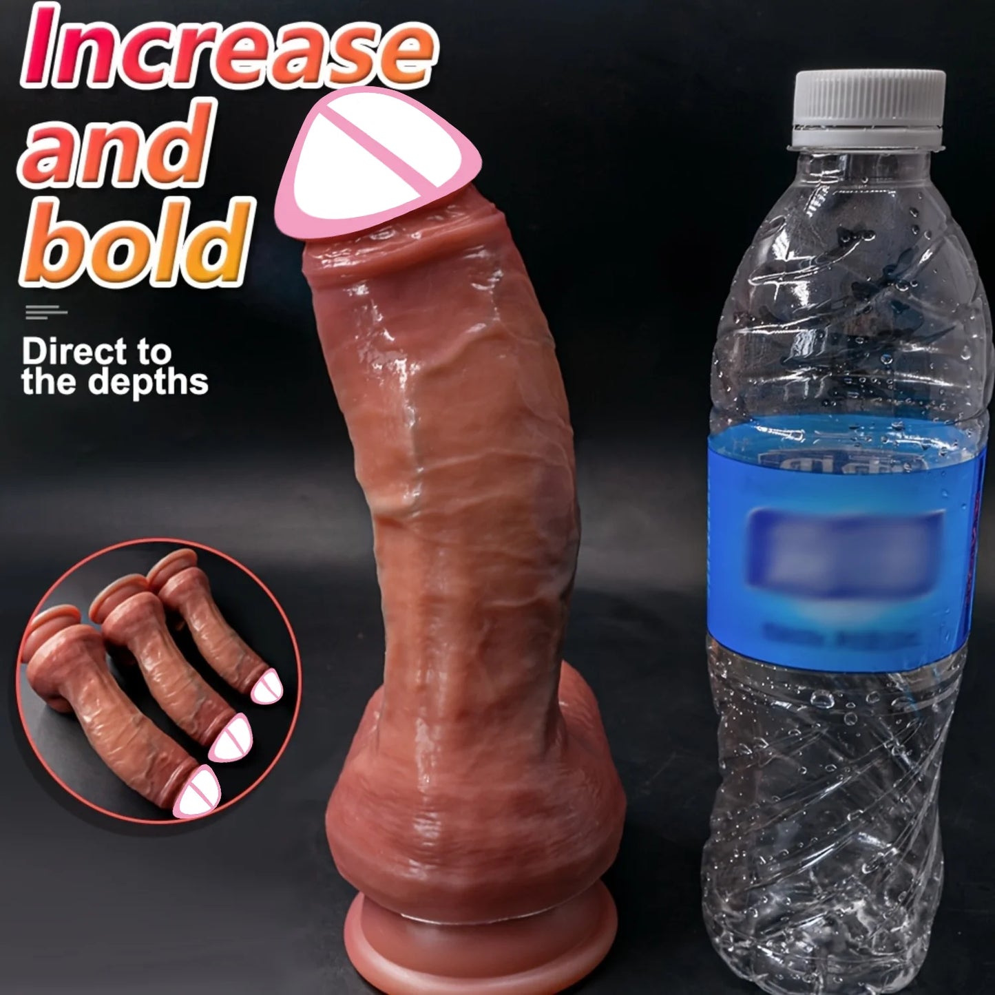 Realistic large dildo, glossy reddish-brown body and thick base; feature-focused view