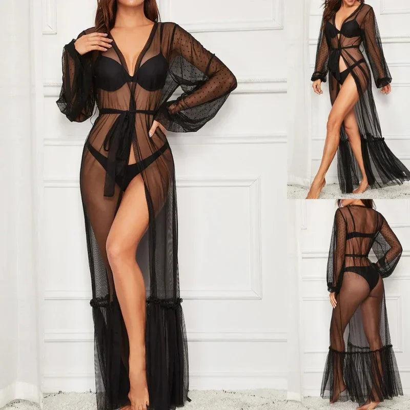 Black lace long nightgown robe with sheer polka-dot mesh sleeves and tie waist