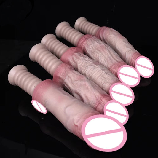 Double-layer silicone dildo, light pink with ribbed texture and suction base