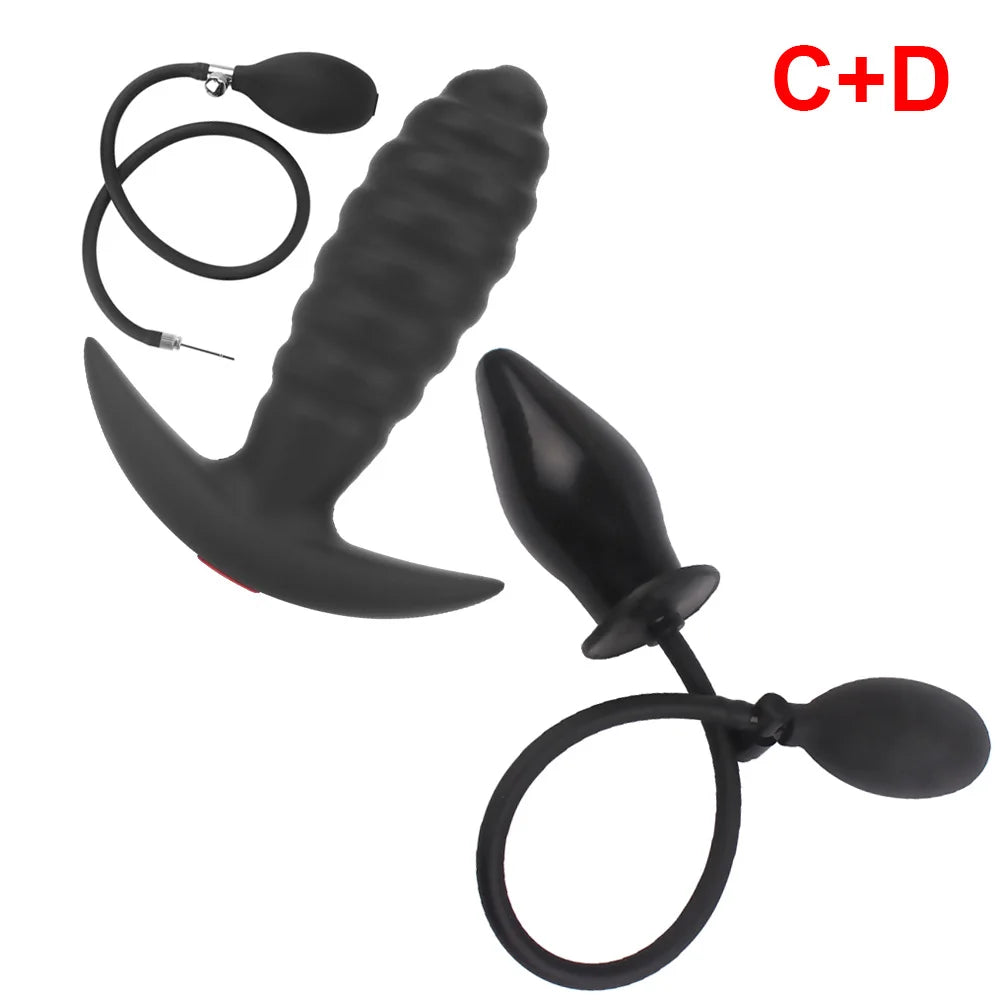 Black inflatable anal plug set with two plugs and one loop strap (C+D)