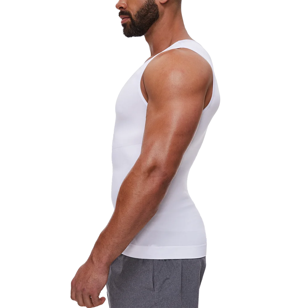 White sleeveless shaping vest with scoop neck, side view