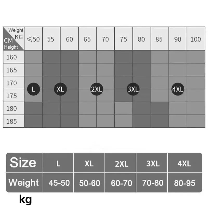 Size chart for boxer set: L to 4XL with weight ranges in kg