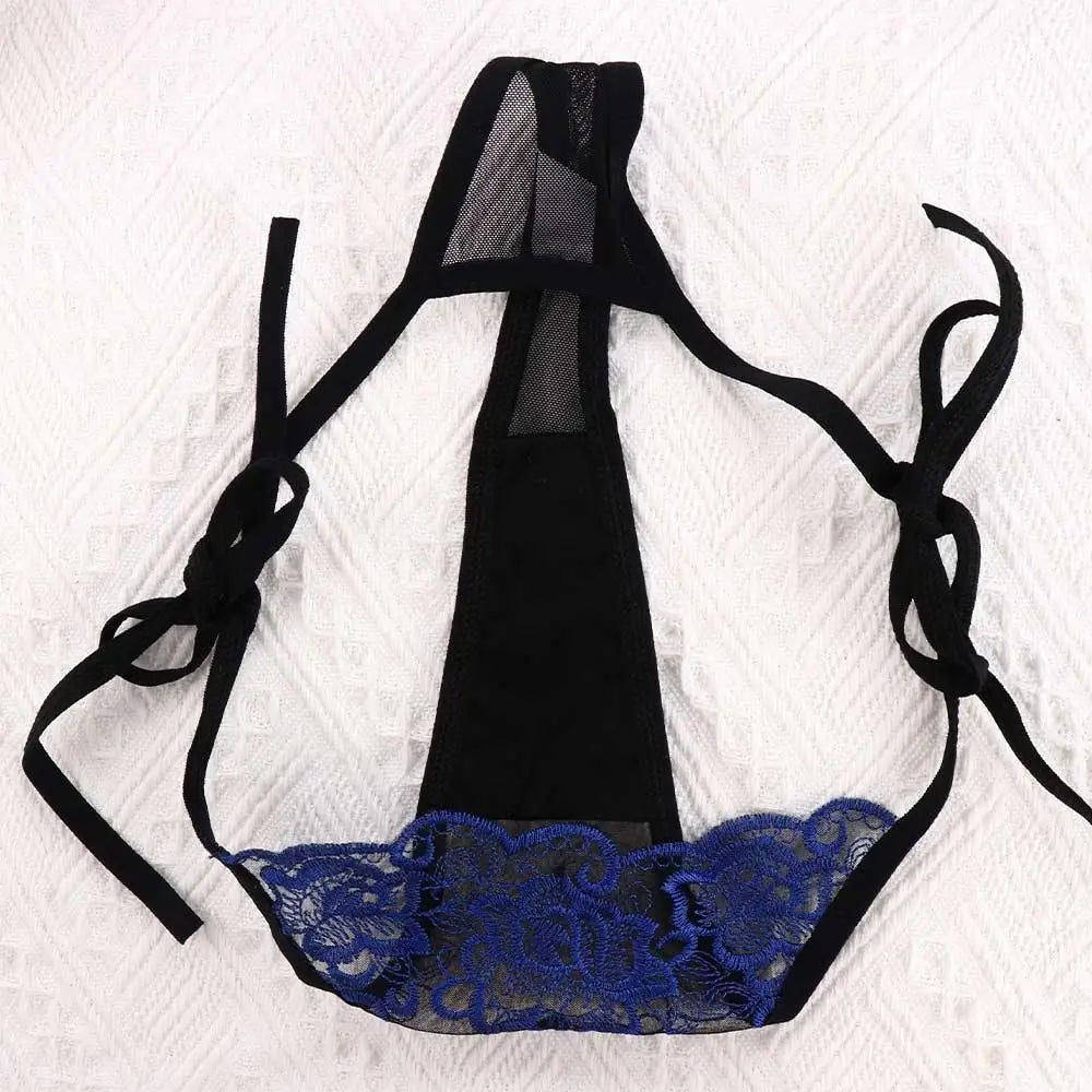 Blue embroidered lace panty brief with black bow ties and scalloped lace waistband