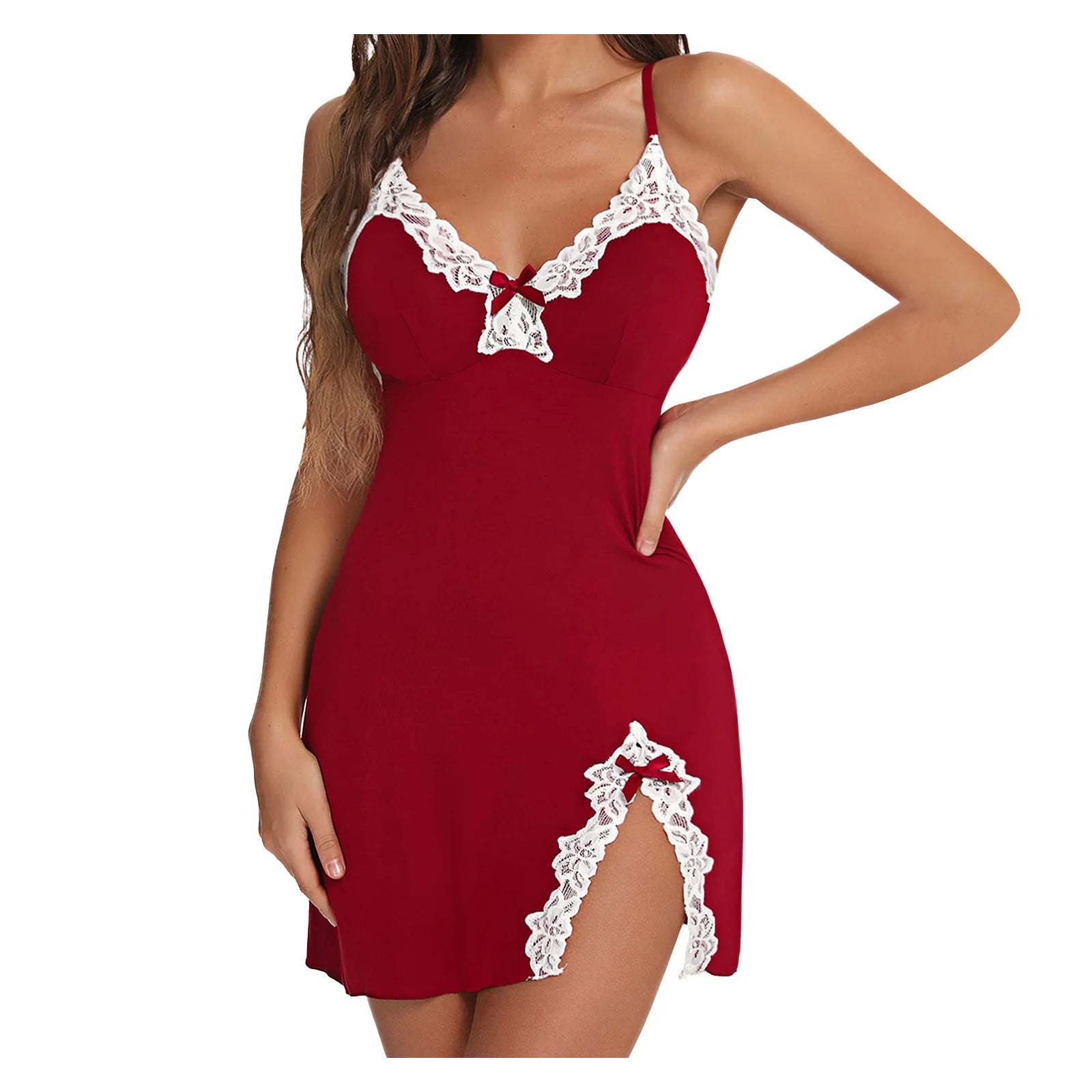 Red lace-trim babydoll chemise with scalloped V neckline and lace side slit
