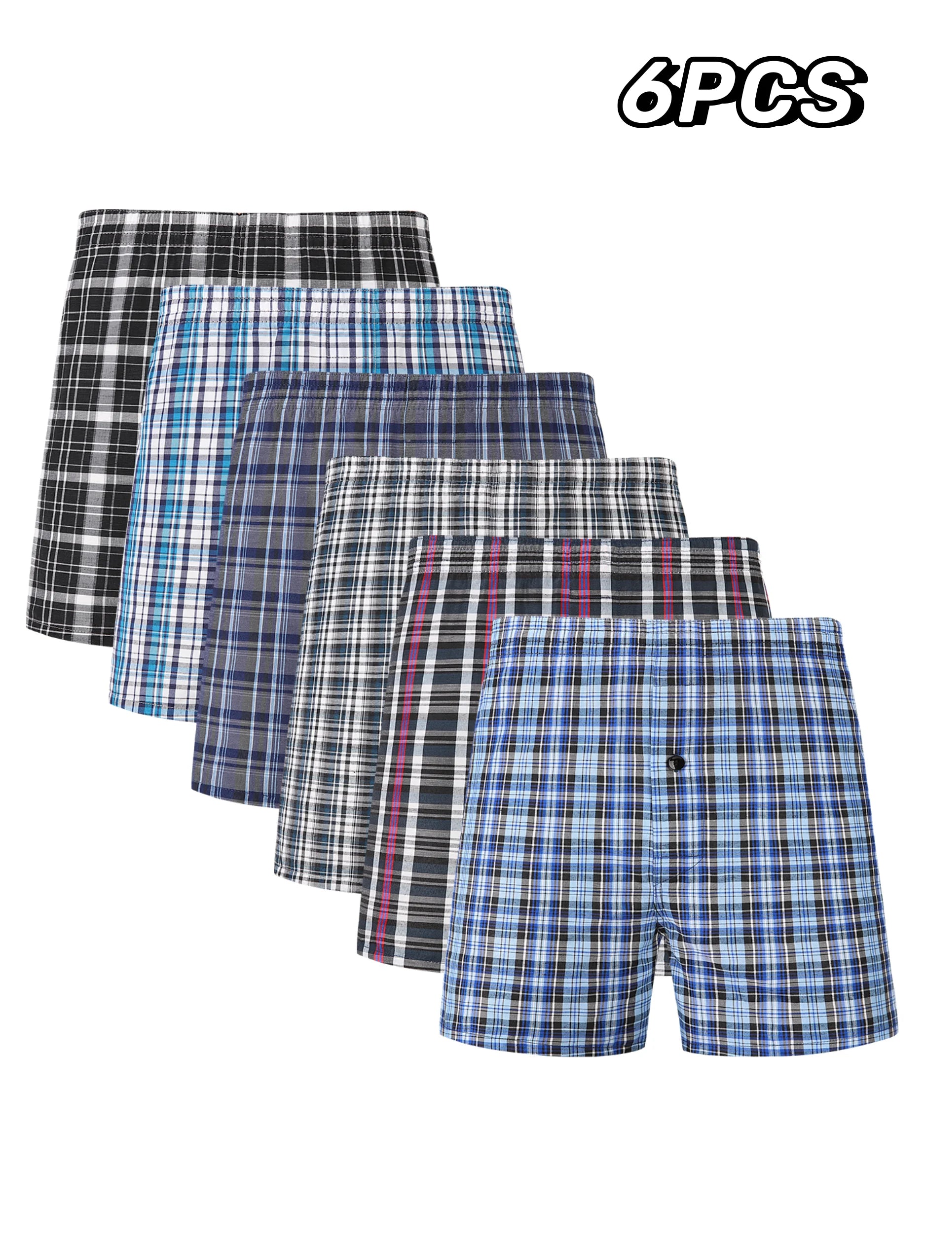 6-pack woven plaid boxer shorts in black-and-white and blue checks