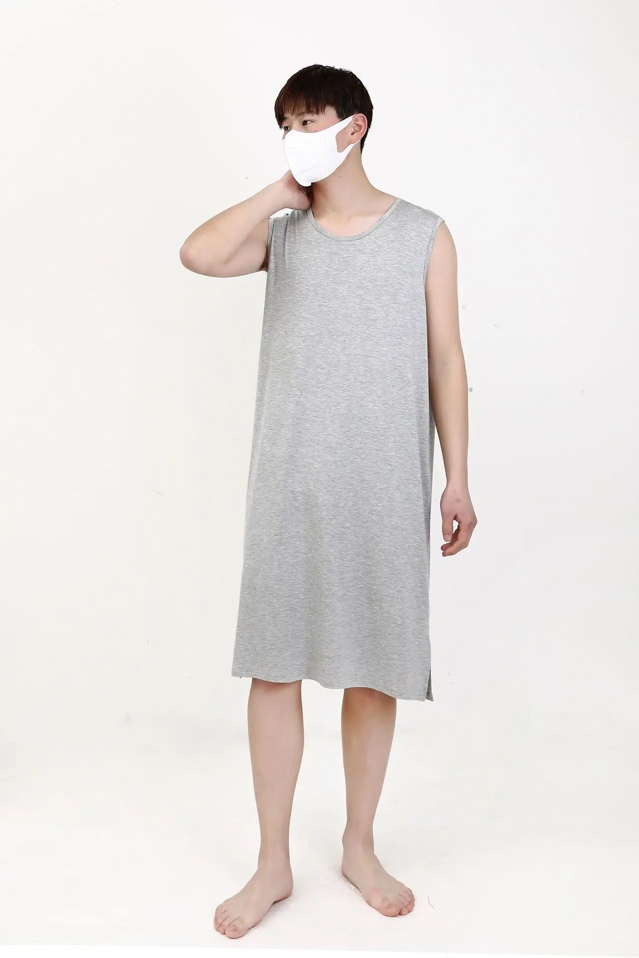 Gray sleeveless sleepwear vest dress, front view with crew neck