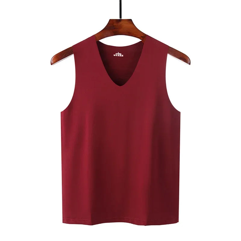 Men's ice silk traceless tank top, deep red sleeveless V-neck