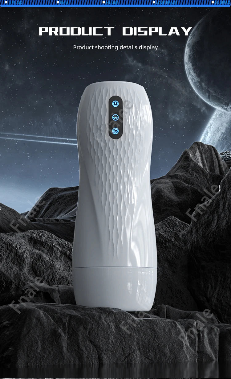 White automatic masturbator cup, textured body with blue button panel on top
