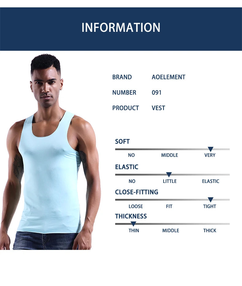 Men's seamless fitness vest, light blue, sleeveless scoop neck on model