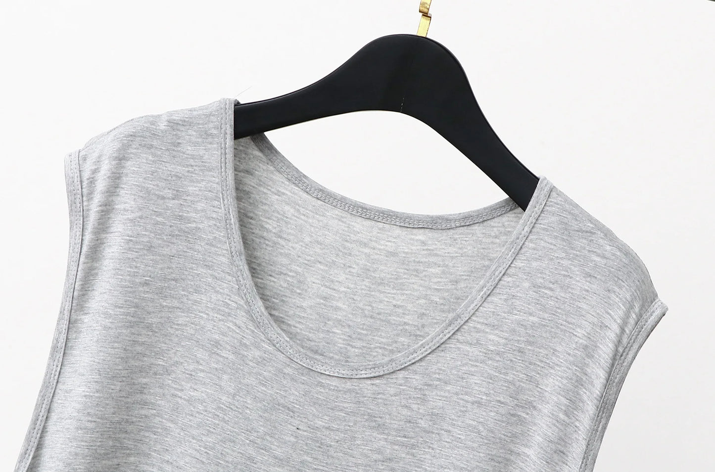 Gray sleeveless sleepwear vest dress neckline close-up with scoop neck