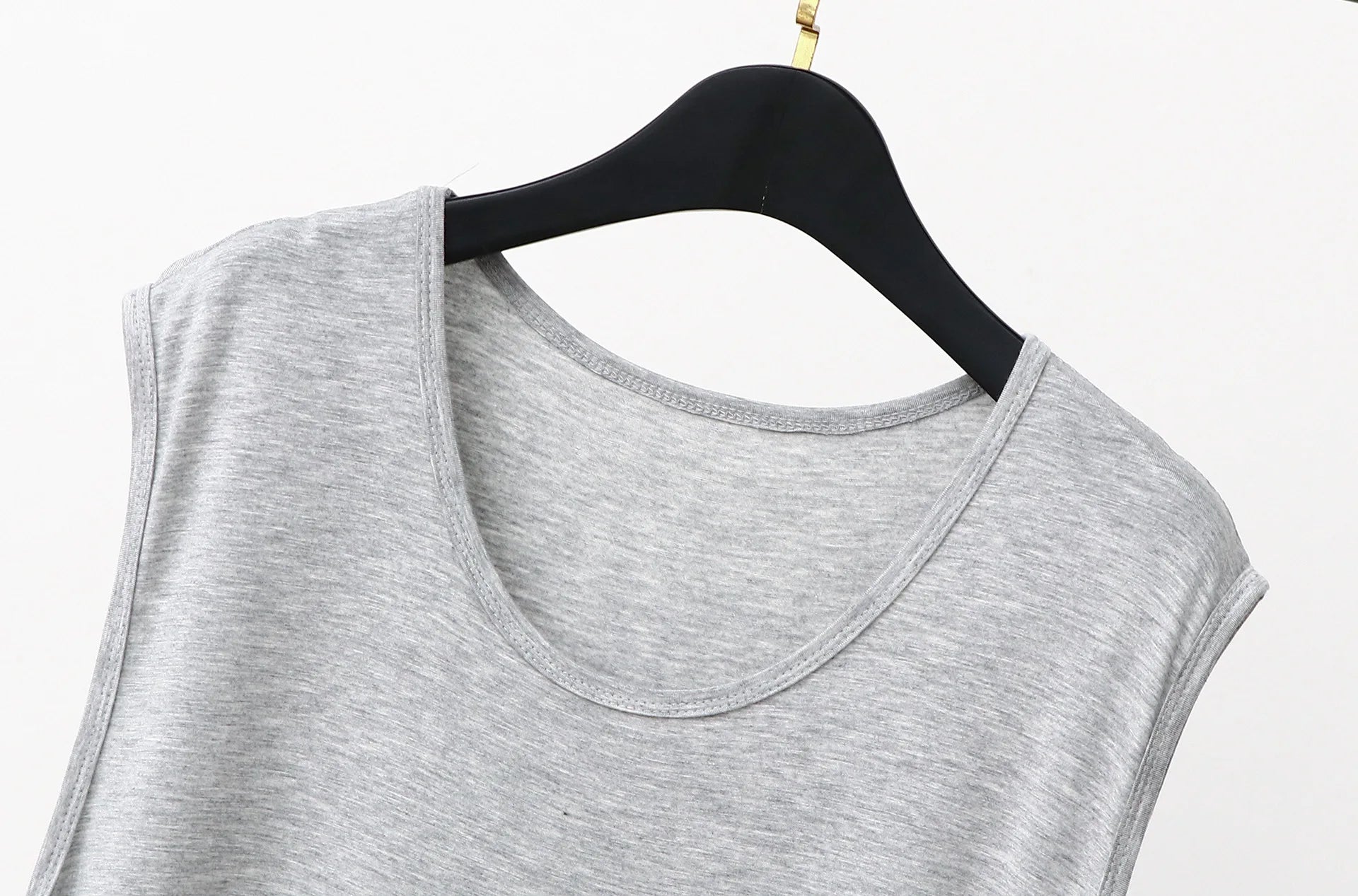 Gray sleeveless sleepwear vest dress neckline close-up with scoop neck