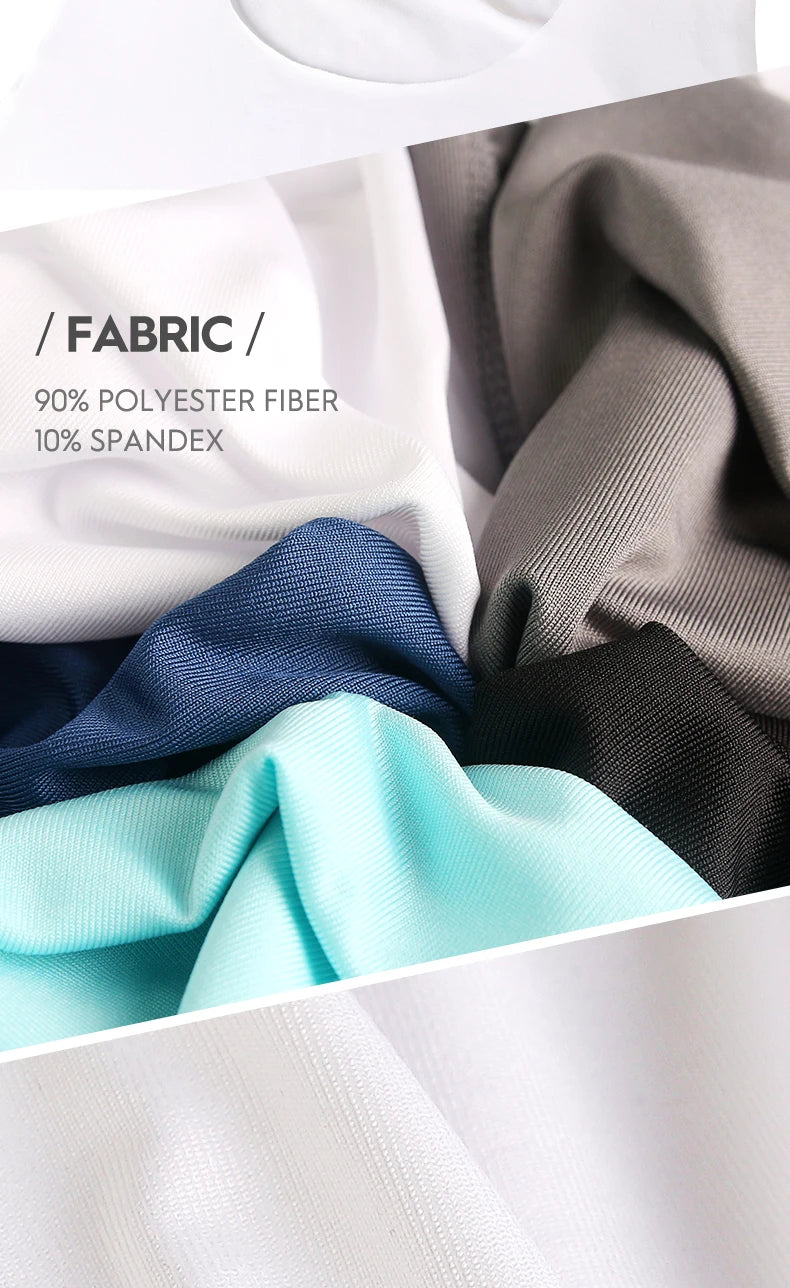 Seamless fabric swatches in blue, teal, gray, and white stretch knit