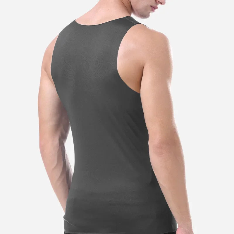 Men's thin V-neck undershirt vest, dark gray back view sleeveless