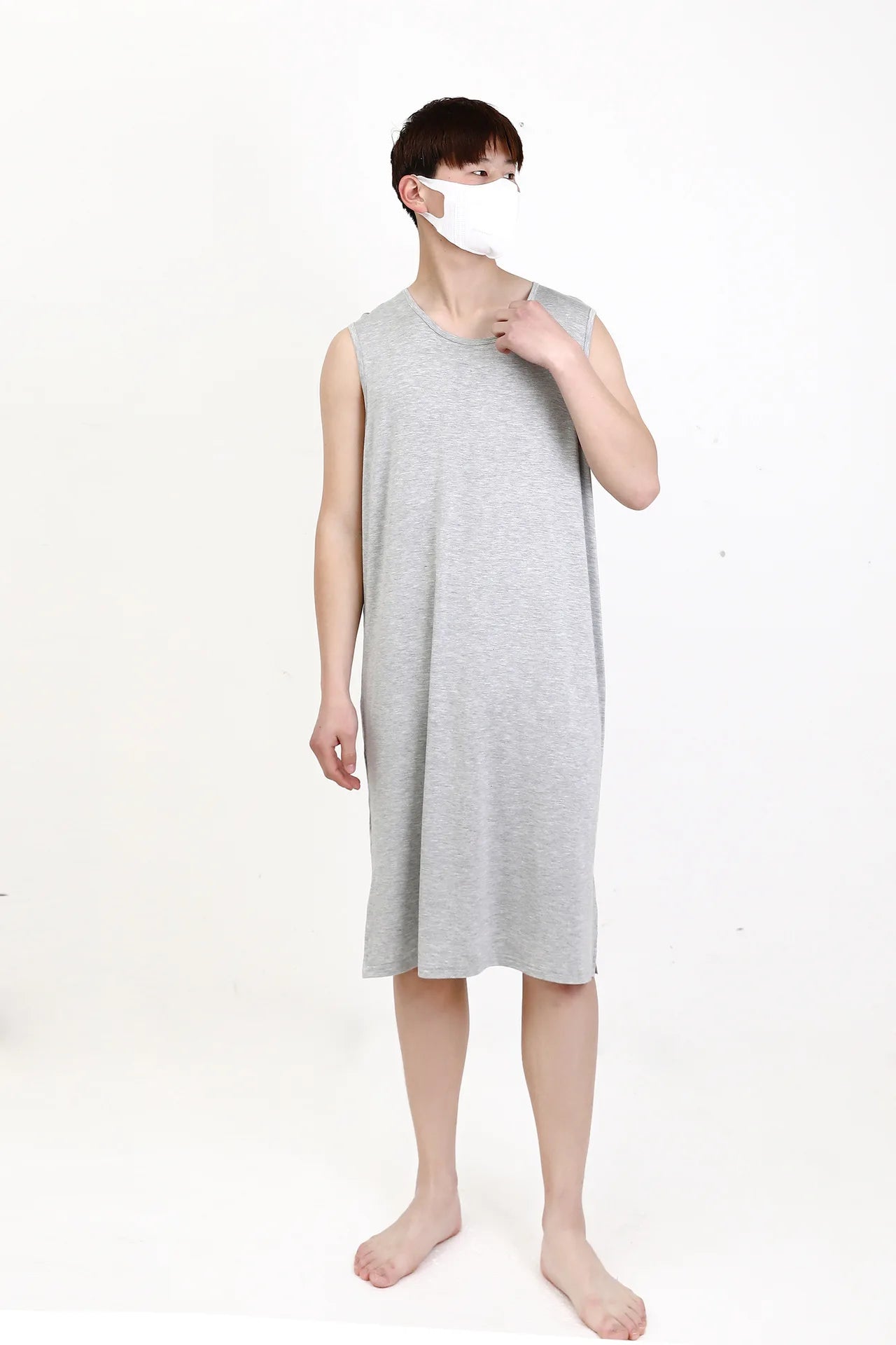 Gray sleeveless sleepwear vest dress, front view with crew neckline