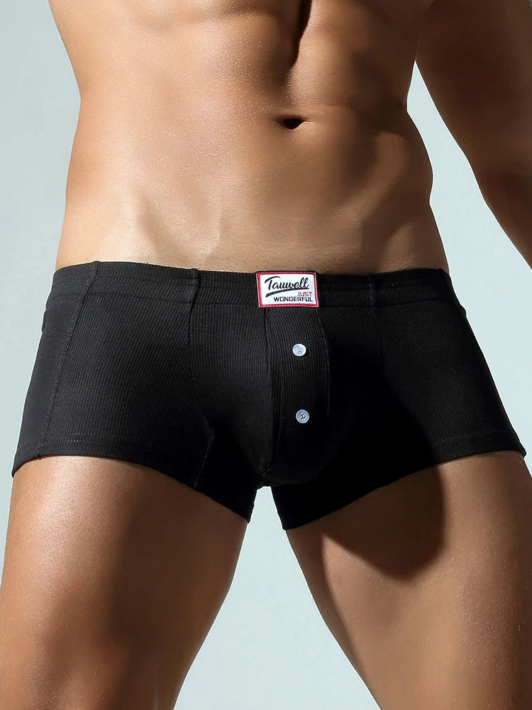 Black button-detail boxer brief with close-up waistband and two-button front closure.