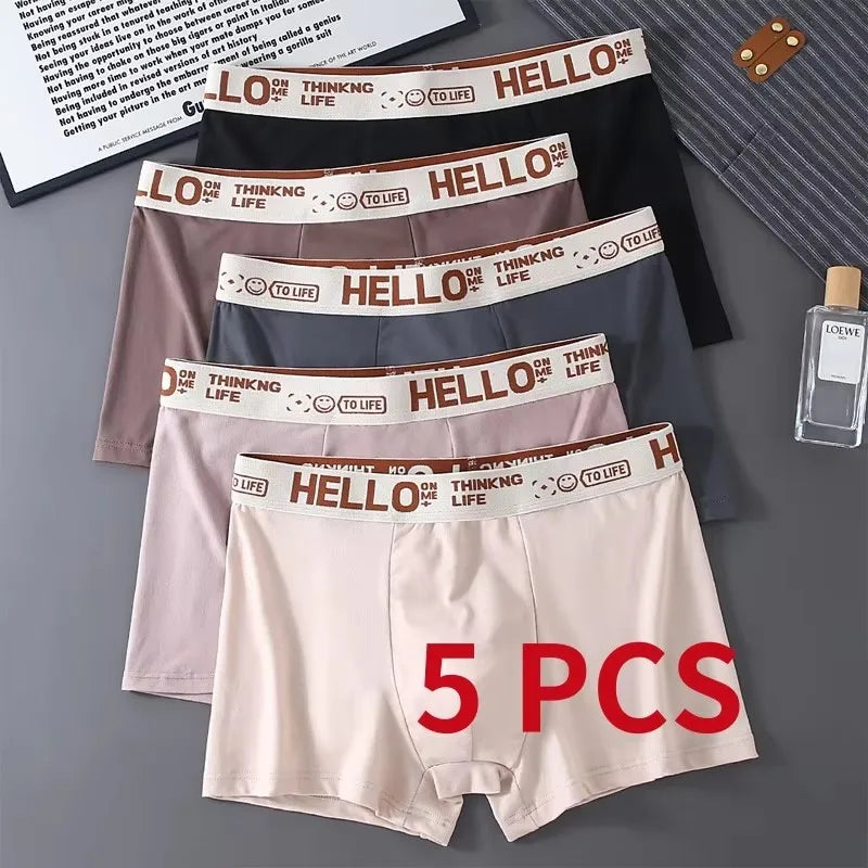 Seamless milk silk boxer set, 5-pack assorted colors with “HELLO” waistband