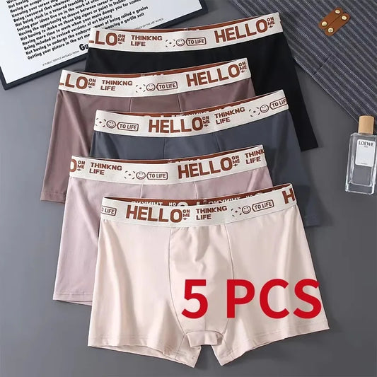 Seamless milk silk boxer set, 5-pack assorted colors with “HELLO” waistband