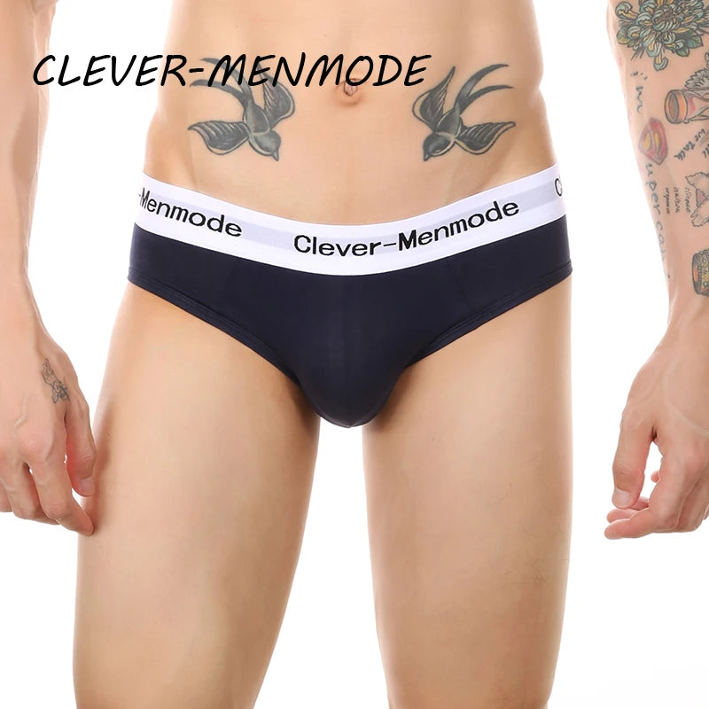 Open-back cotton anal brief, dark navy/black, white logo waistband with low back cut