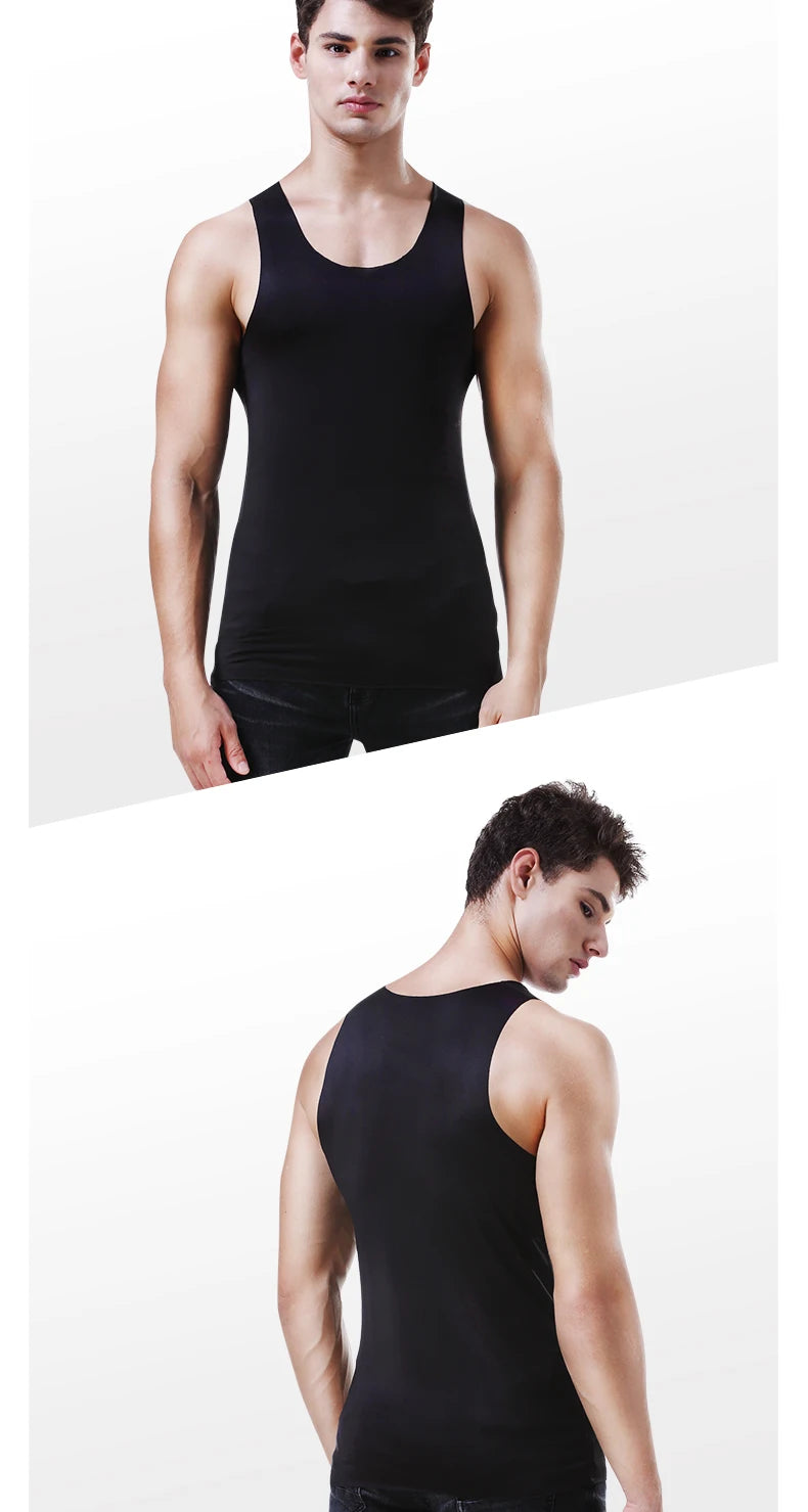 Men's seamless fitness vest, black, front and back view, sleeveless scoop neck
