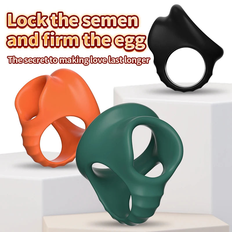 Silicone delay cock rings set: orange and dark green four-hole rings with cutouts