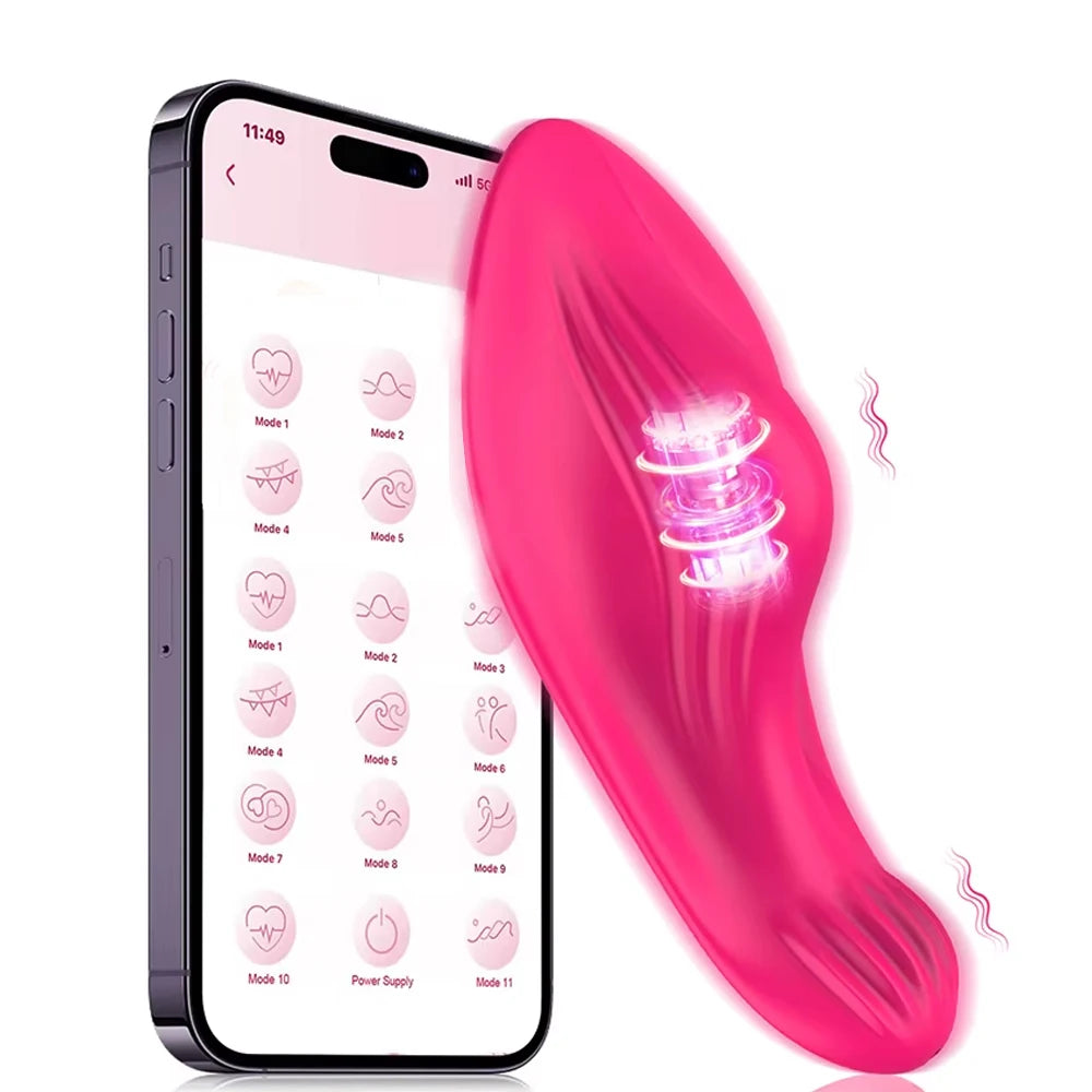 Hot pink wearable butterfly vibrator with ridged texture and APP control