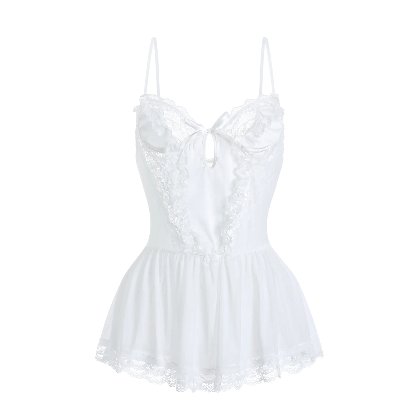 White lace bust babydoll bodysuit with thin spaghetti straps and babydoll skirt