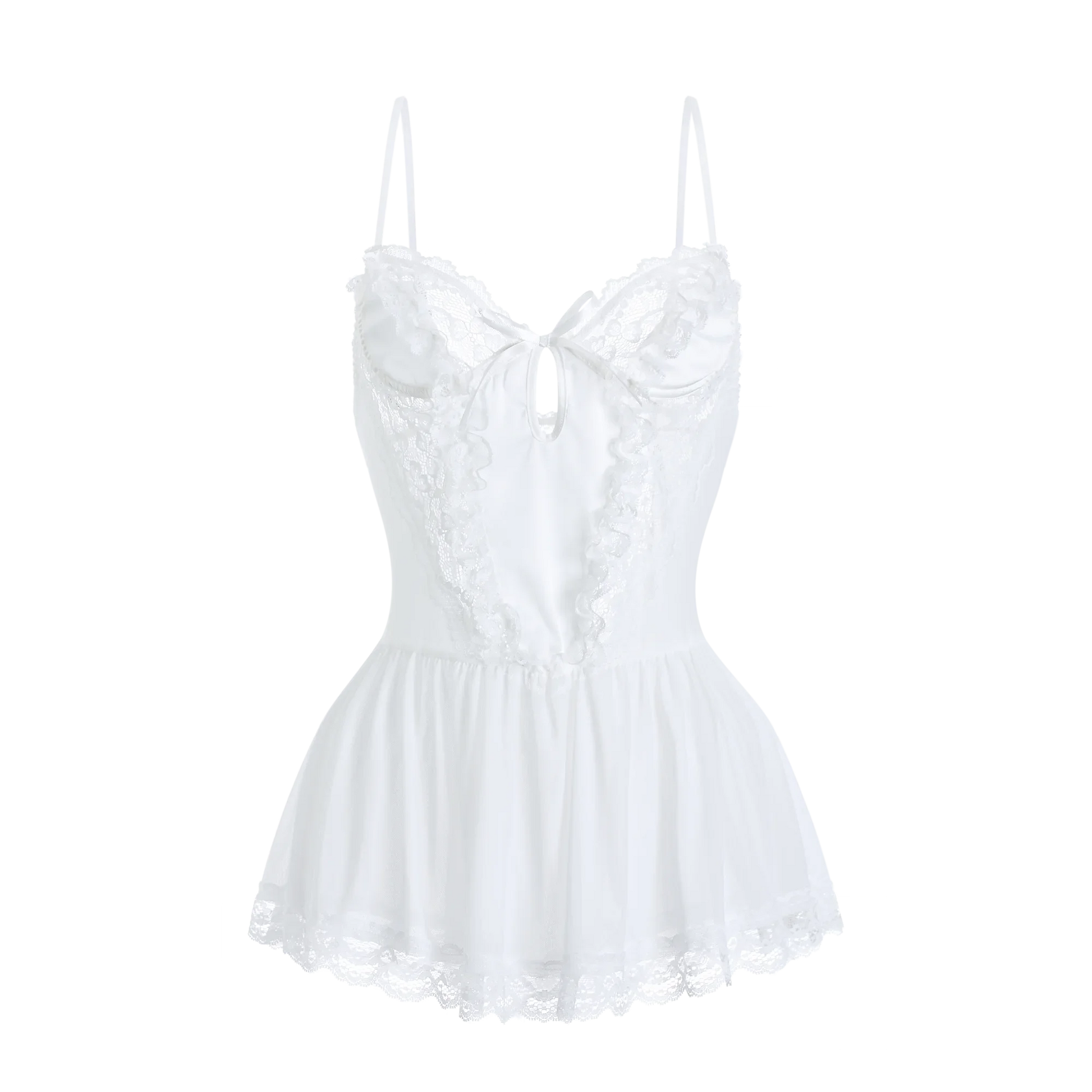 White lace bust babydoll bodysuit with thin spaghetti straps and babydoll skirt