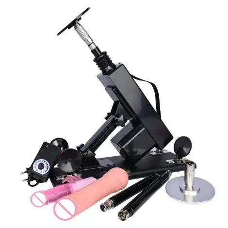 Automatic thrusting sex machine with black housing, mounted rods, and round suction base