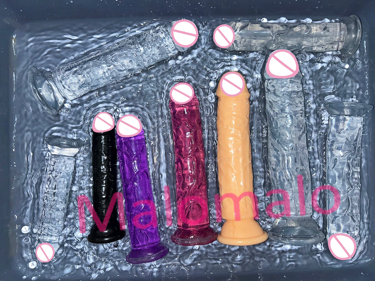 Transparent jelly sex toys with suction bases in clear blue, black, purple, magenta, and flesh