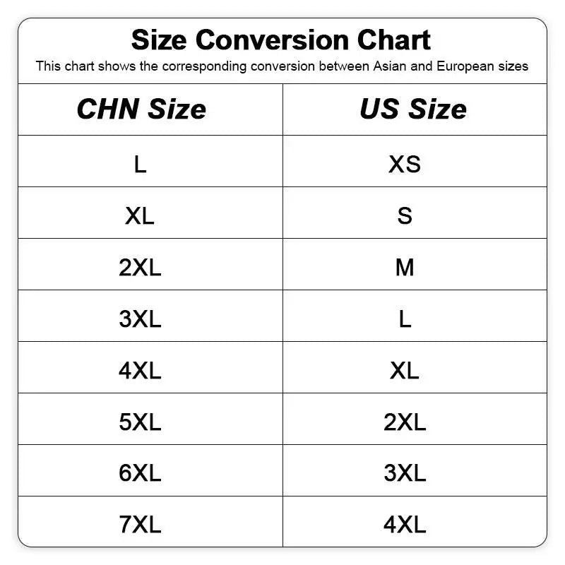 Size conversion chart showing CHN sizes and US sizes