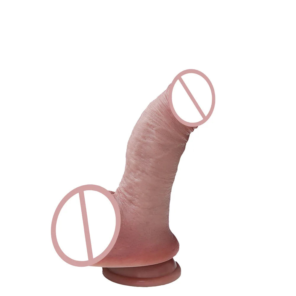 Realistic silicone dildo with suction cup, light pink, close angled view of shaft