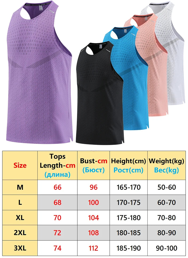 Men's breathable mesh gym vest tank tops with size chart table shown
