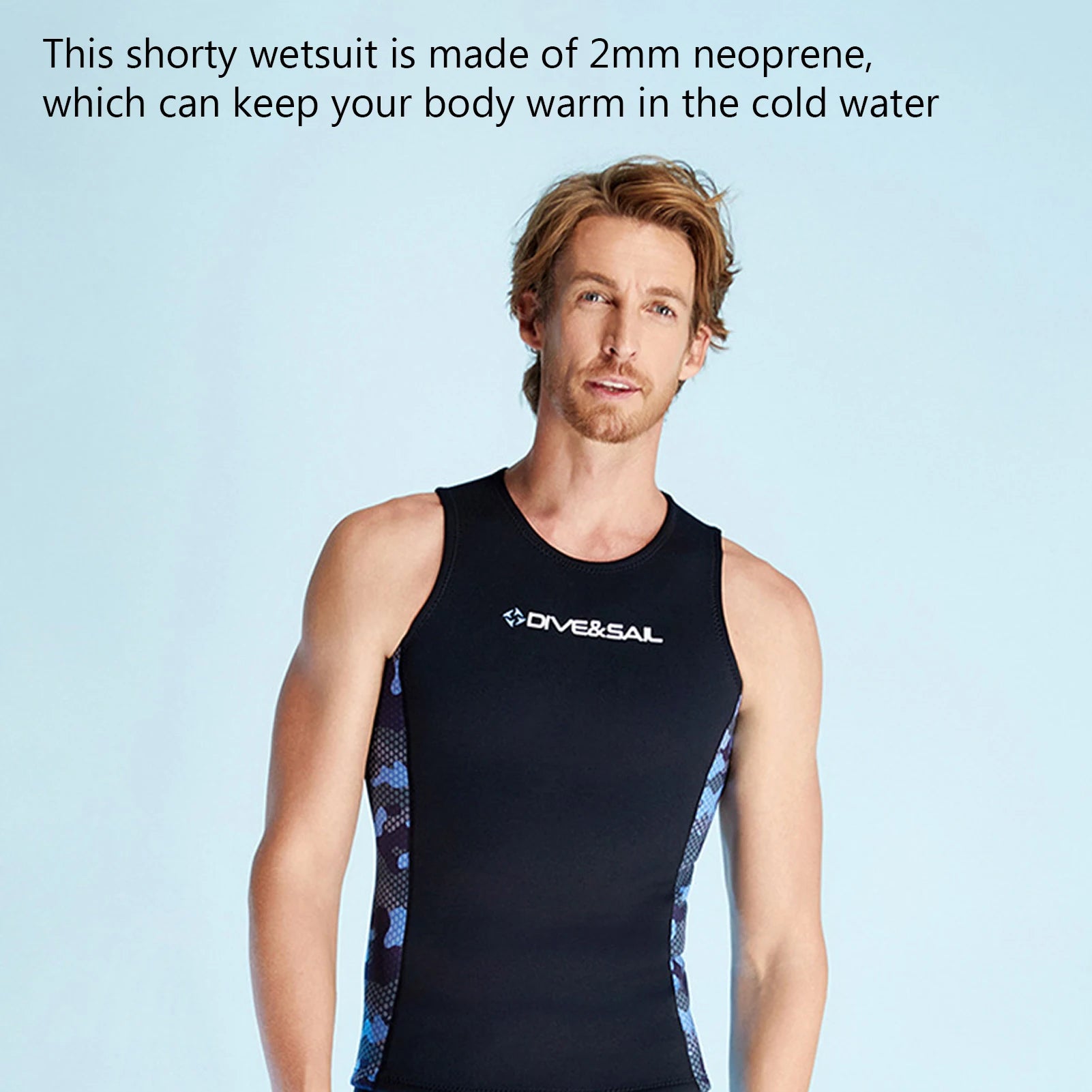 Men's black sleeveless wetsuit vest with blue camo side panels, worn front