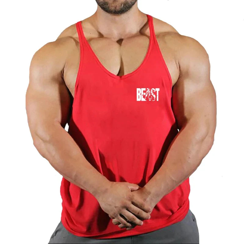 Men’s gym stringer singlet vest in red with “BEAST” chest graphic