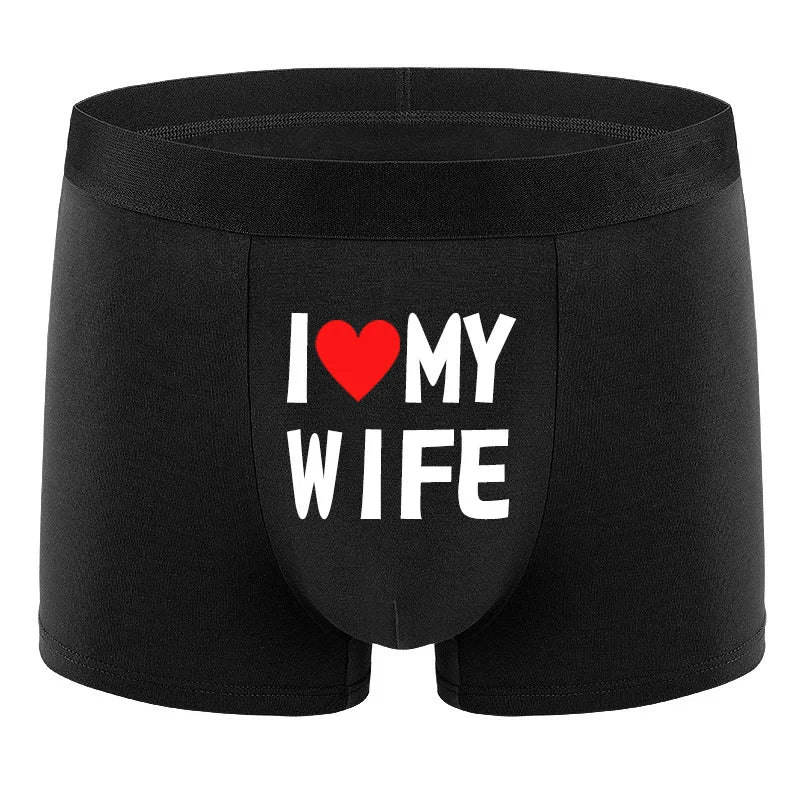 Black boxer briefs with front pouch and “I ♥ MY WIFE” print