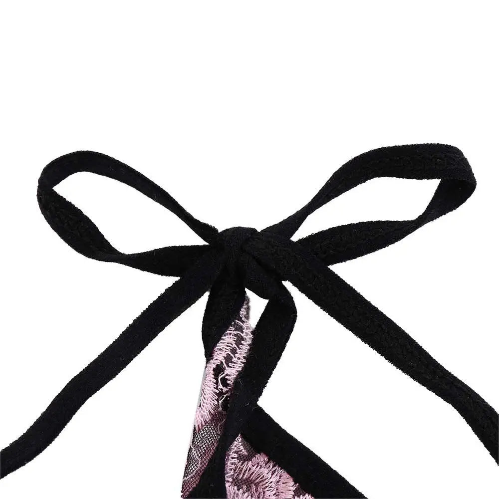 Black embroidered lace panty brief with bow ties and pink lace accent