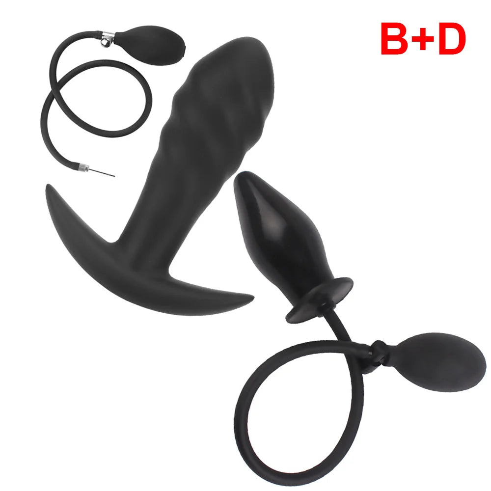 Black inflatable anal plug set with two plugs and one loop strap (B+D)
