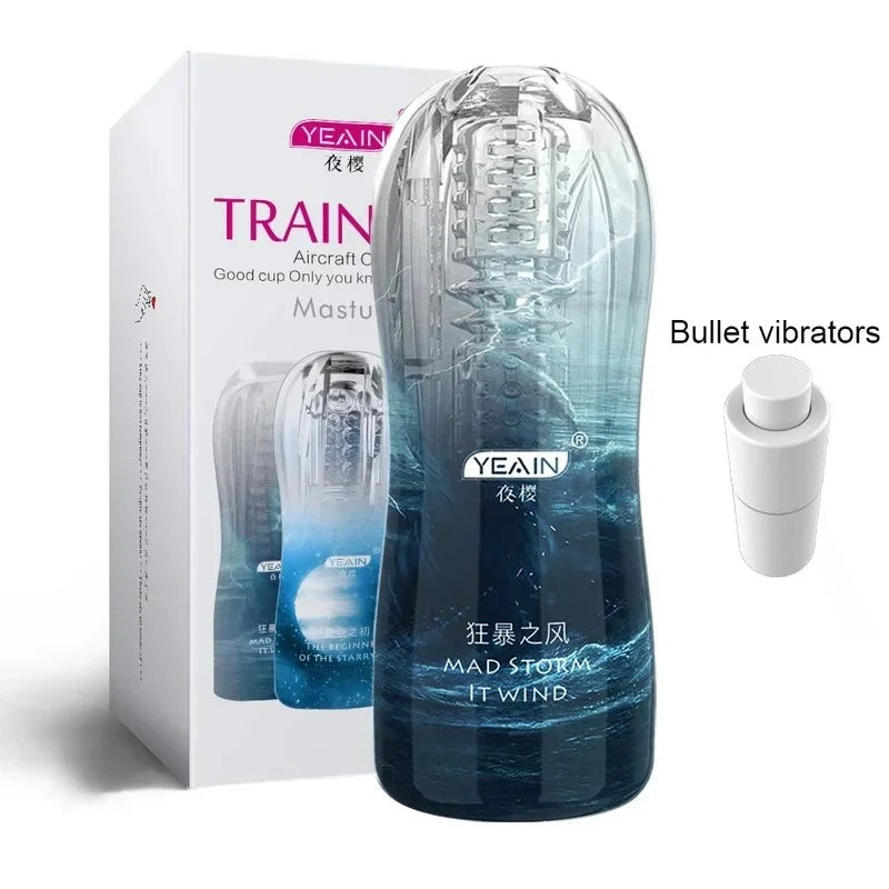 Vibrating stroker cup with translucent blue body and textured interior channels