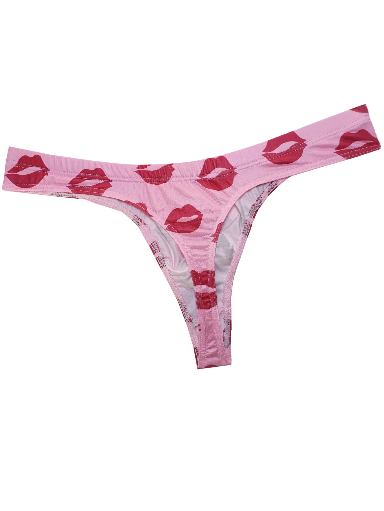 Low-rise thong in light pink with darker pink lips print, elastic waistband and edges.
