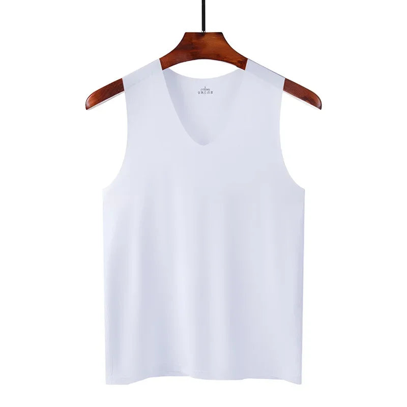 Men's ice silk traceless tank top, white sleeveless V-neck