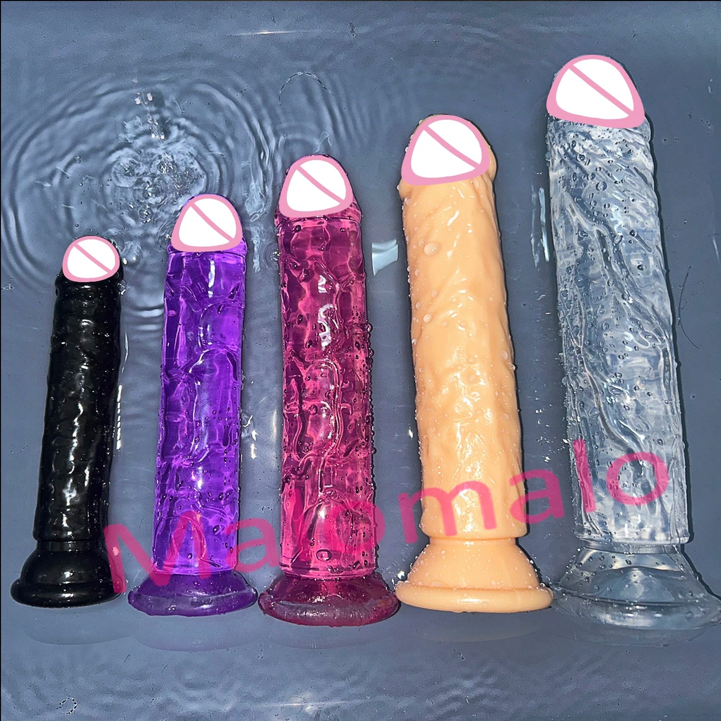Transparent jelly sex toys with suction bases in black, purple, magenta, flesh, and clear blue