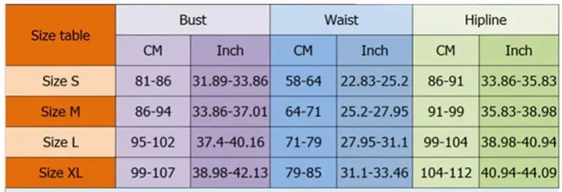 Size chart for babydoll nightdress: bust, waist, hip in CM and inches