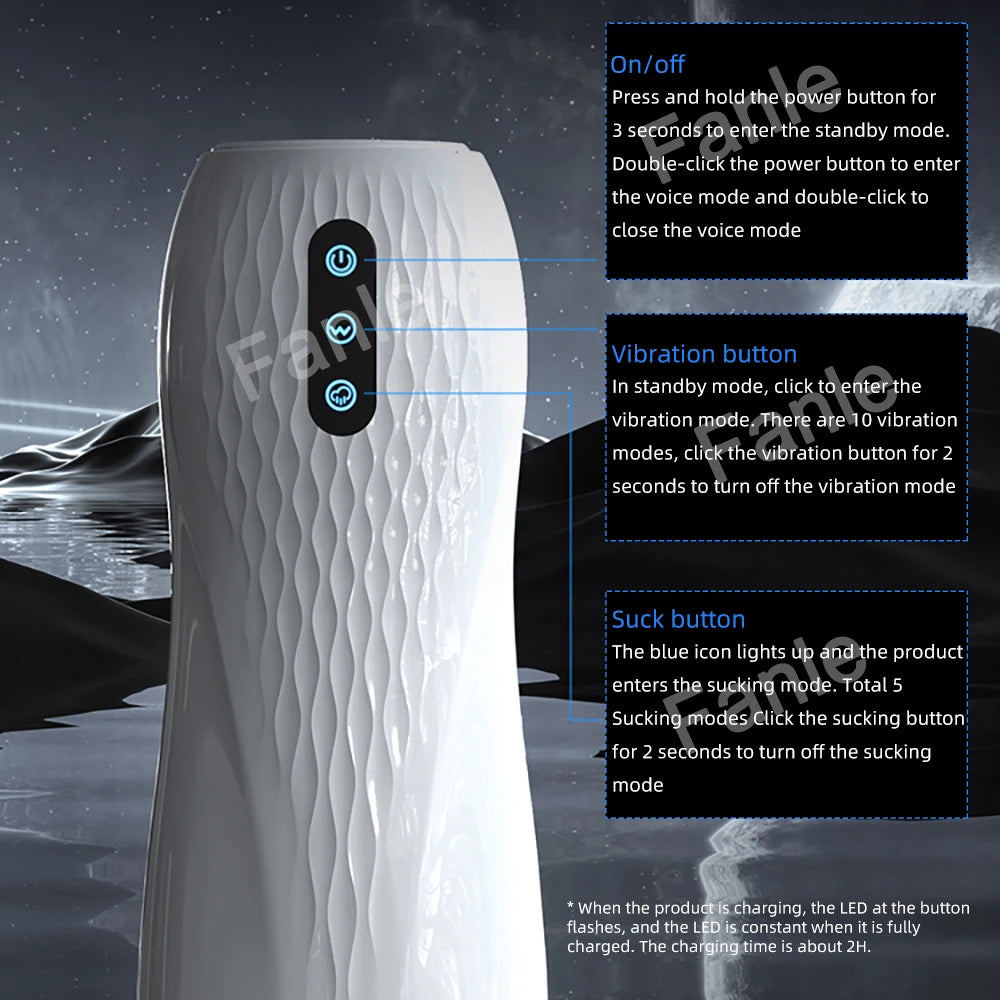 White male masturbator cup side controls with on/off, vibration, and suction buttons