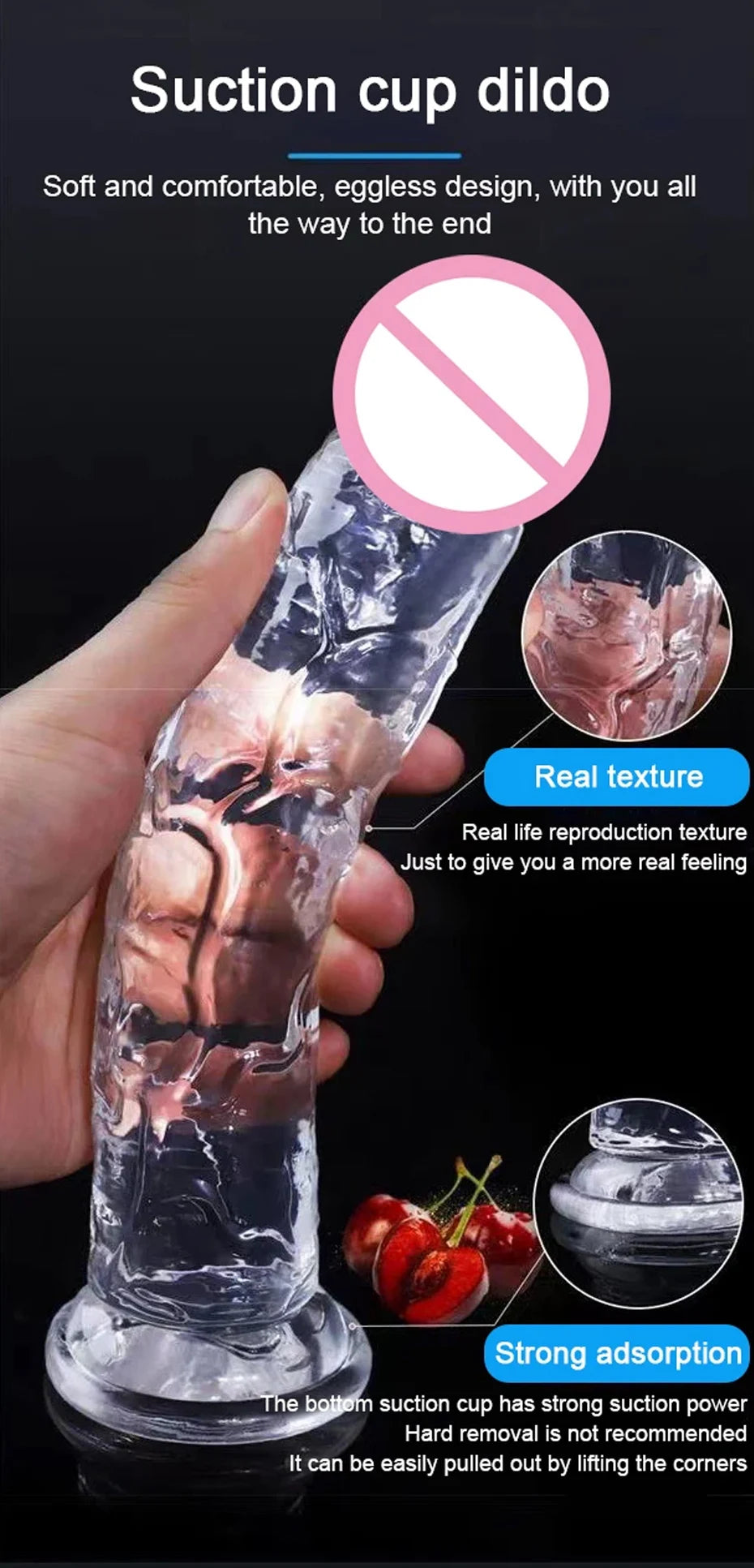 Realistic jelly dildo with suction cup, clear dark body held in hand