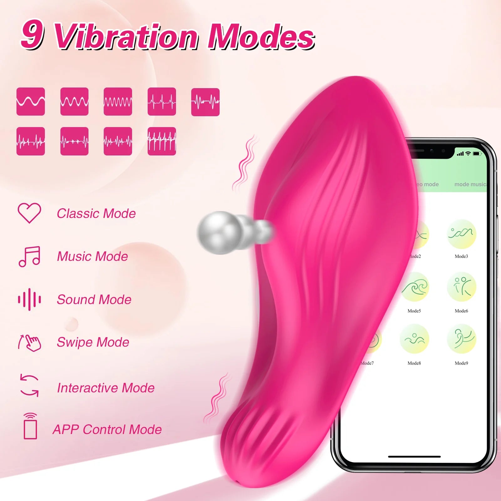 Hot pink wearable butterfly vibrator next to smartphone showing vibration modes and APP control