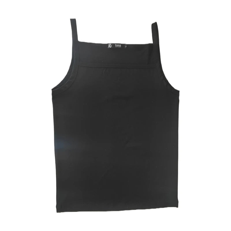 Men's 100% cotton spaghetti strap vest, black—scoop neck and straight hem