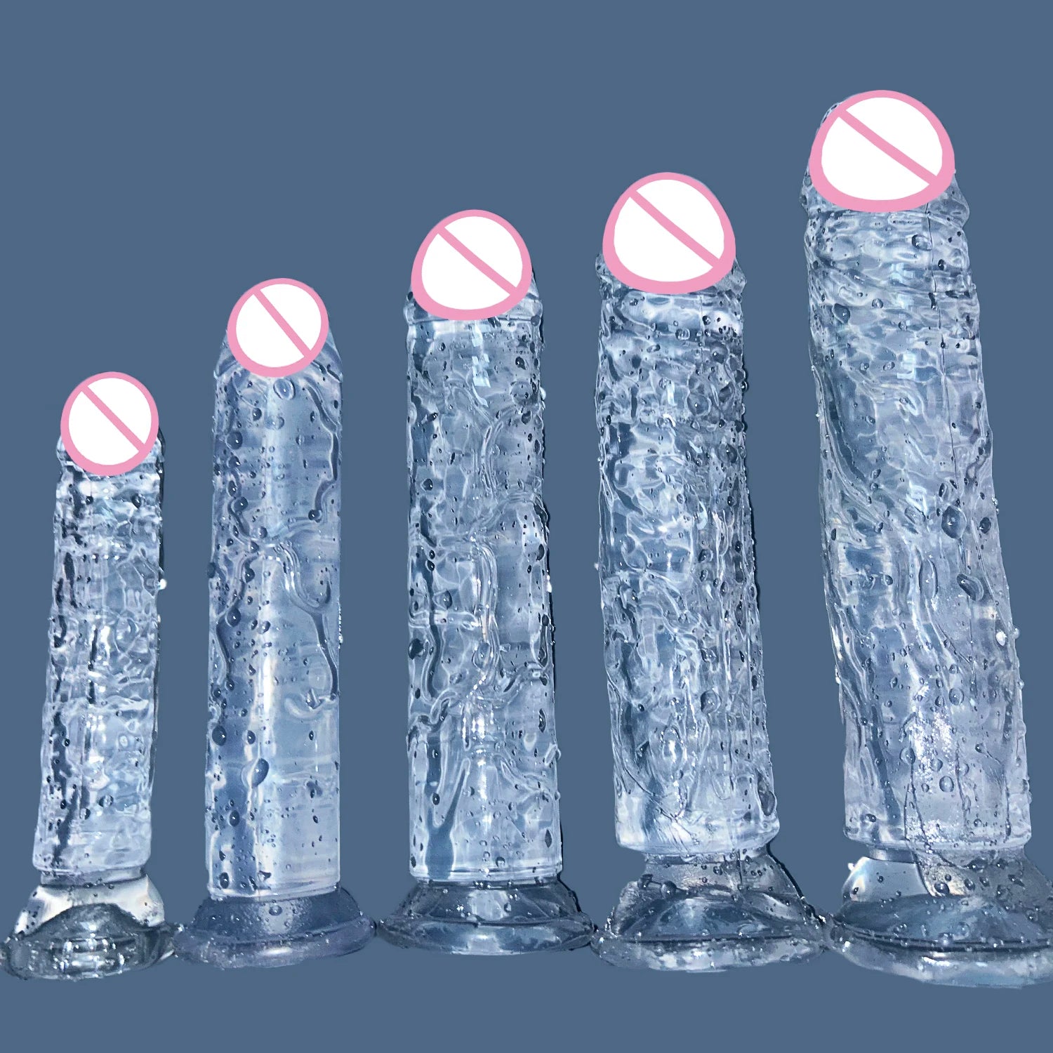 Transparent jelly sex toy with suction base, clear blue body and pink tip caps