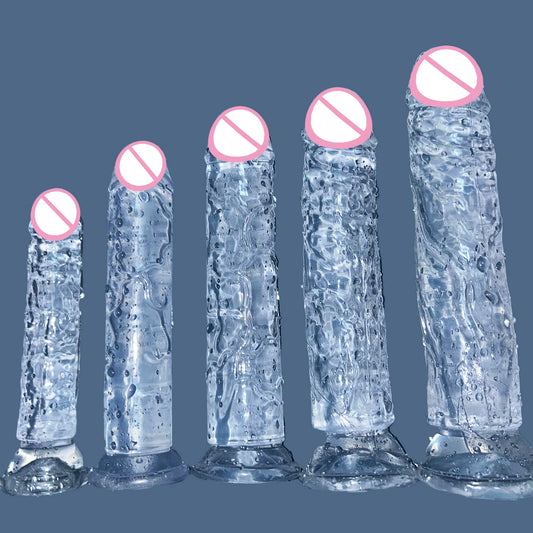 Transparent jelly sex toy with suction base, clear blue body and pink tip caps
